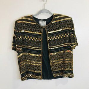 Adrianna Papell Evening Silk Beaded Cardigan Sz Large L Black Gold Shrug Jacket